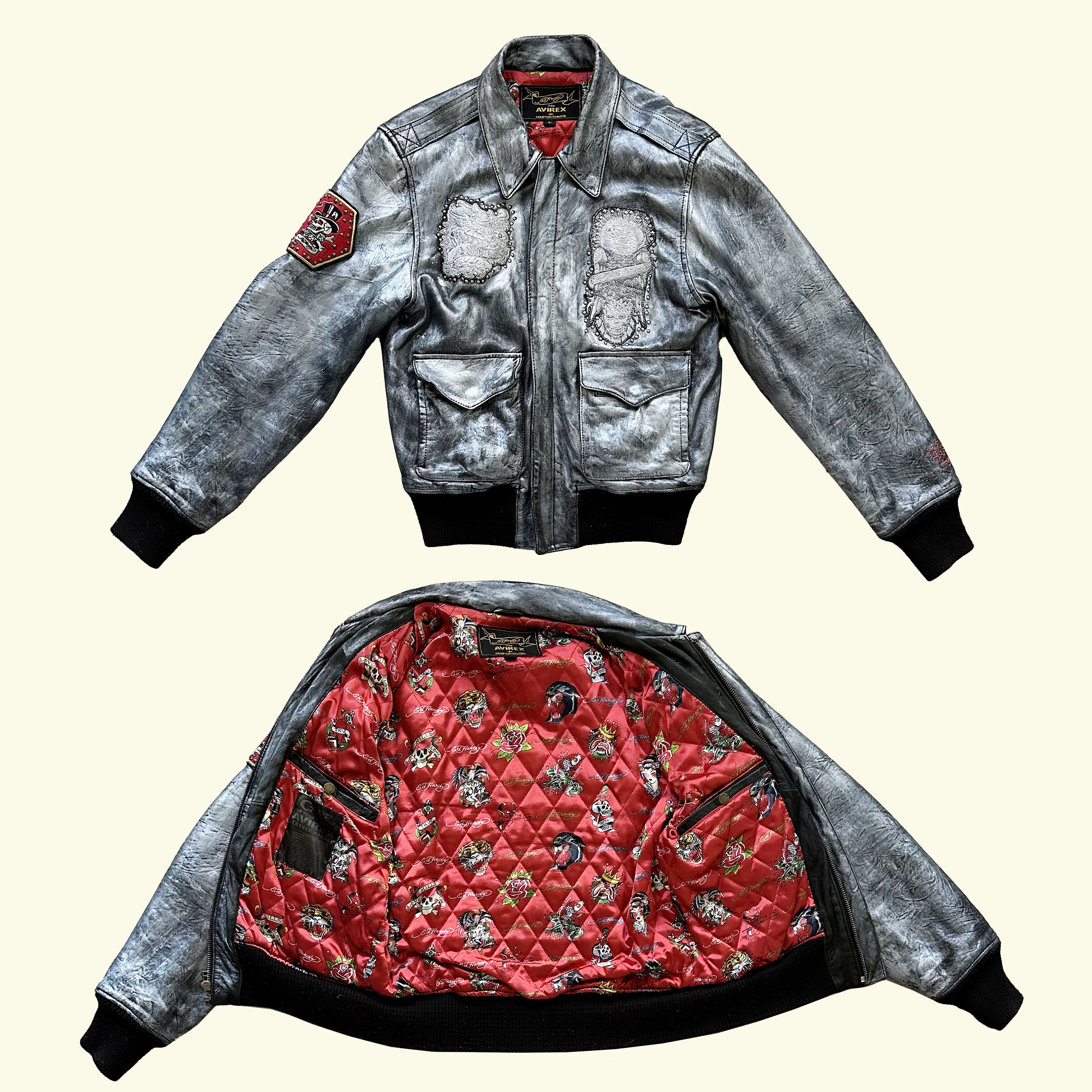 Vintage Ed Hardy Avirex Leather Flight Jacket: Tattoo Embroidery