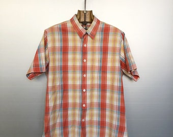 Camisa de cuadros Madras vintage / SEAPORT para hombre, verano, cuadros, botones laterales con aberturas, talla M