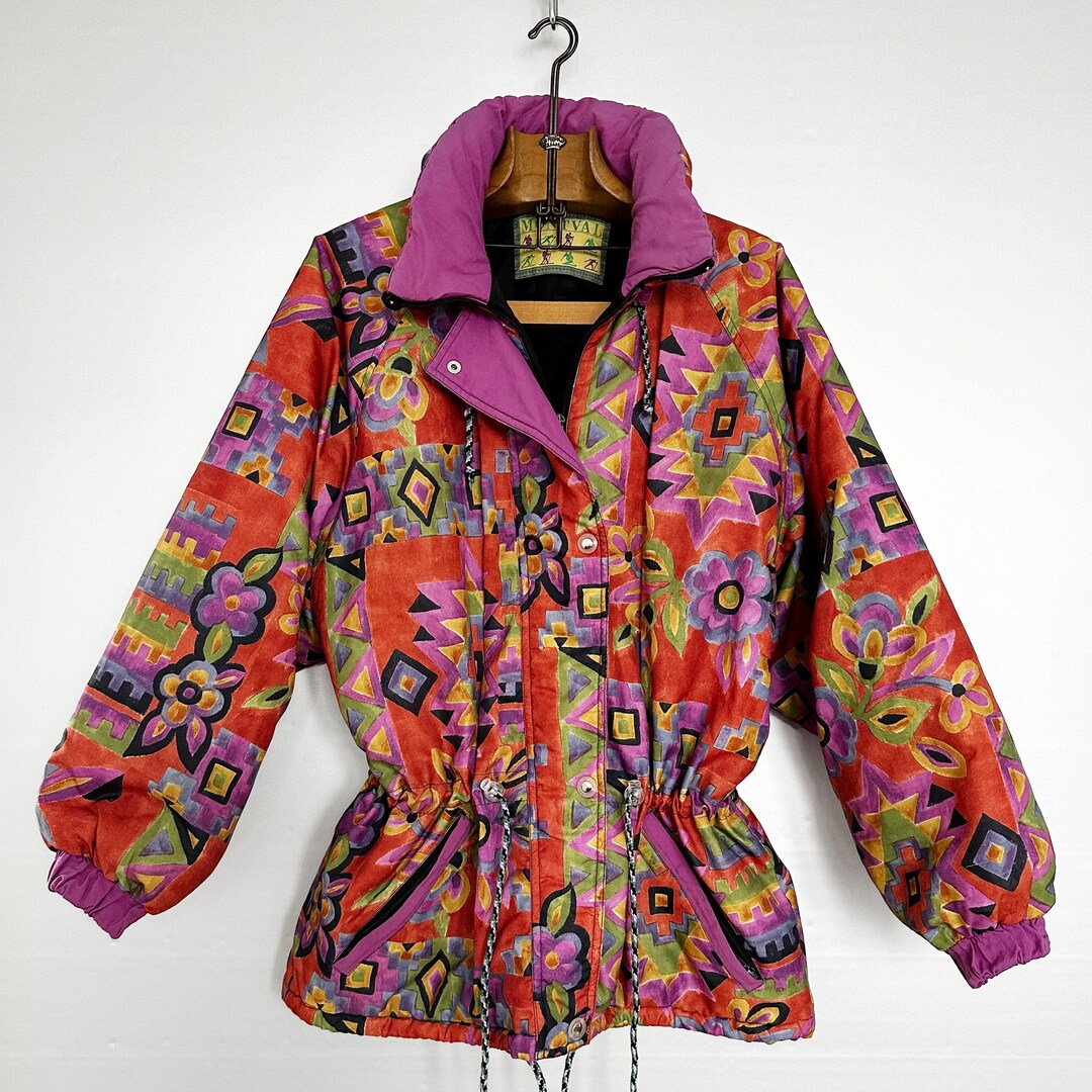 Vintage Colorful Puffer Jacket | Aztec & Floral Vibrance With Rainbow ...