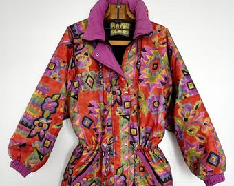 Vintage Colorful Puffer Jacket | Aztec & Floral Vibrance with Rainbow Colors | Size M/L