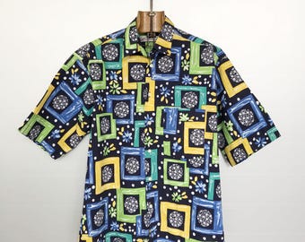 Vintage 90s Shirt | Bold Floral Geometric Print | French Summer Cotton | L