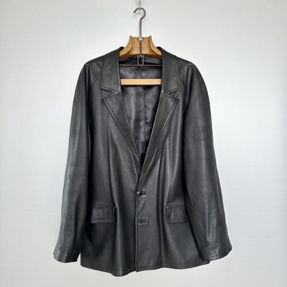 90s Oversized Black Leather Jacket: Soft Vintage Style, Size