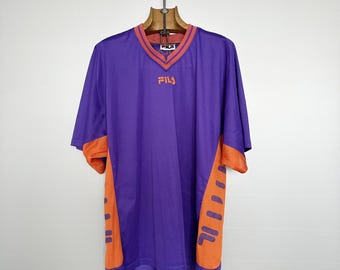 Camiseta deportiva vintage FILA de malla morada y naranja, fabricada en Francia