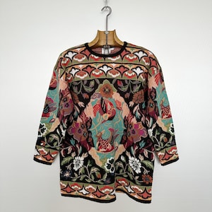Vintage Italian Knit Sweater: Baroque Birds & Florals, Size L/M