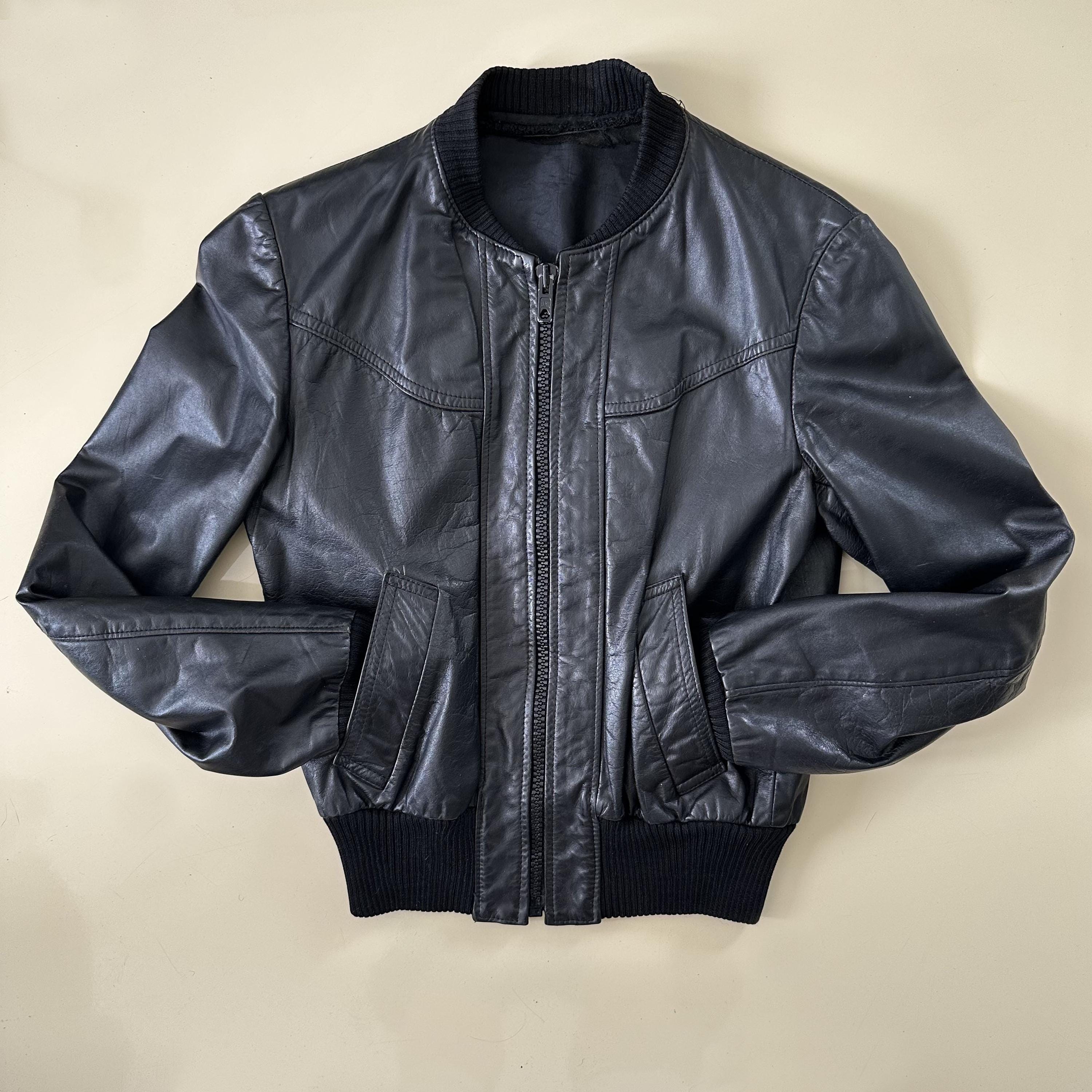 Vintage 70s Black Leather Flight Jacket: Ribbed Collar, ECLAIR