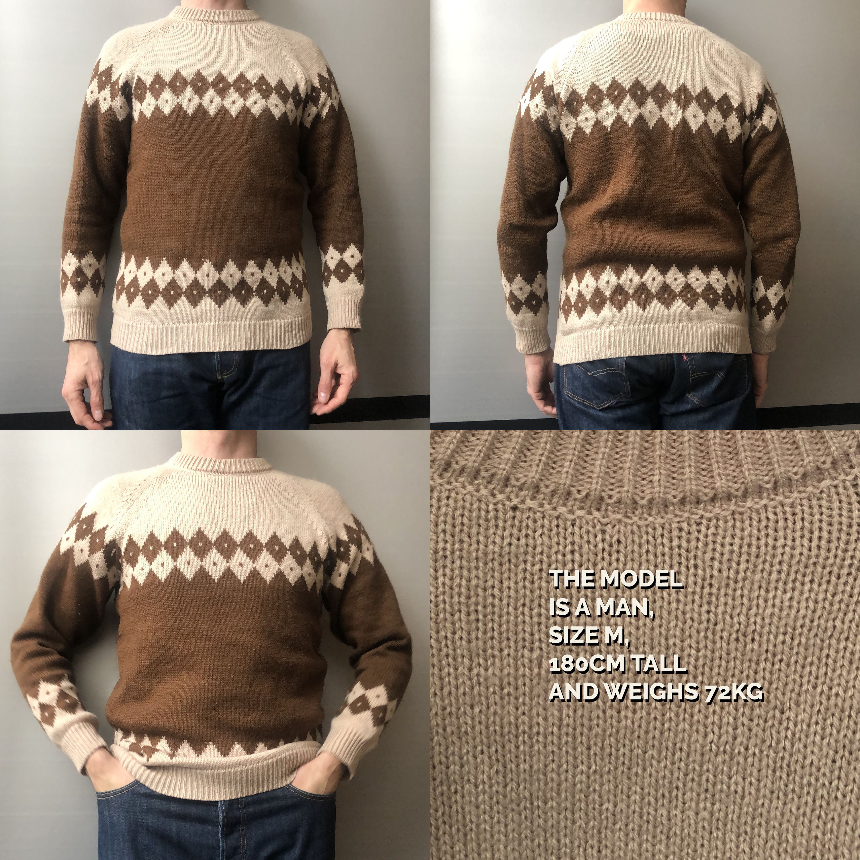 Vintage 80s Diamond Beige Brown Knitwear - Etsy