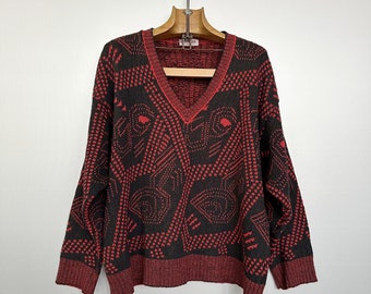 Vintage Red Black Geometric Sweater