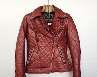 Vintage Red Leather Quilted Biker Jacket - Women's XS/S
