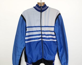 Vintage Cycling Jacket | Blue Striped 80s Track Top | Belgium Made | M/L