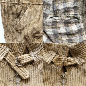 May include: Close-up of a brown corduroy jacket with a zipper and two metal rings. The jacket has a plaid lining.