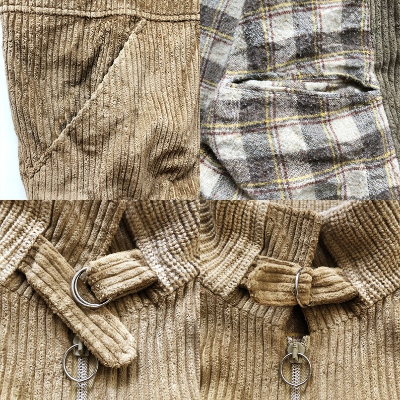 May include: Close-up of a brown corduroy jacket with a zipper and two metal rings. The jacket has a plaid lining.