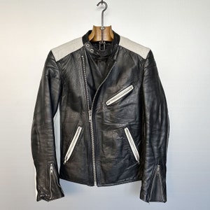Blouson motard en cuir noir et blanc vintage L