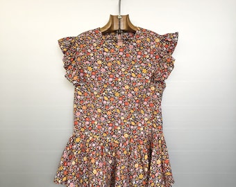 Vestido patinador floral vintage / Estampado en lienzo hecho a mano de los años 70 y 80 / Estampado floral vibrante / XXS