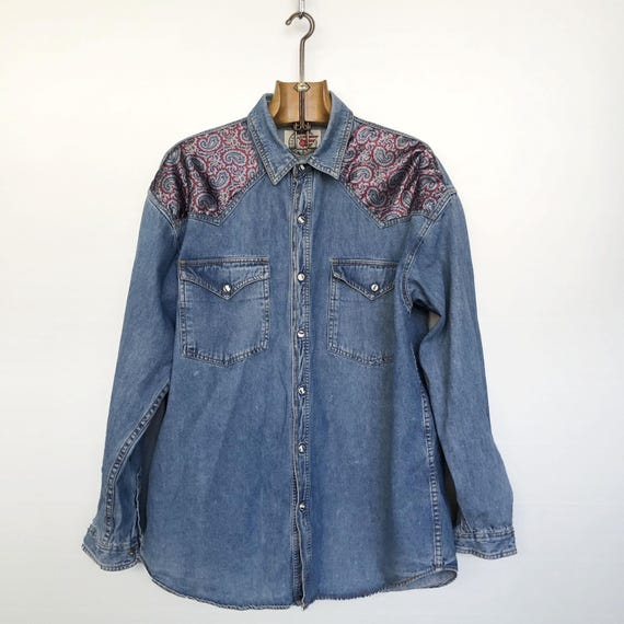 Vintage Denim Shirt | Paisley Yoke Cowboy Style | Indiana Rock | L