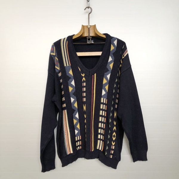 Vintage geometric wool knit sweater, made in England, size L for men / eaa510121
