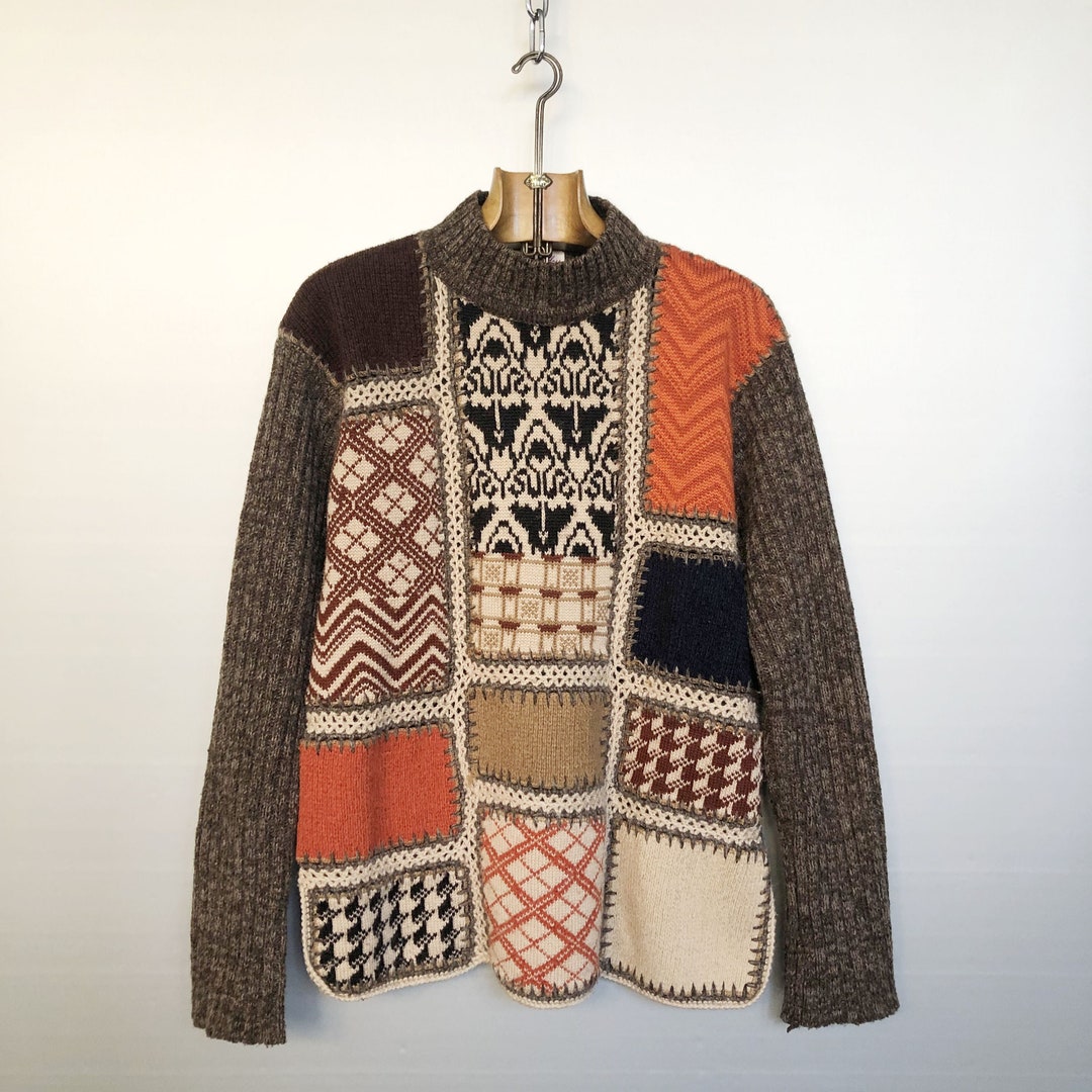 Vintage Patchwork Sweater | René Derhy Boho Knit | Fall Geometric
