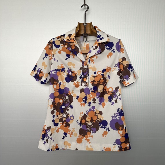 Vintage 60s/70s Orange Brown Purple Floral Top - image 1