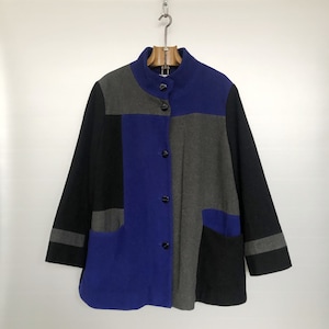 Vintage Blue Geometric Women&#39;s Wool Coat