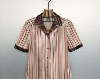 Vintage 70s Shirt | Stripes Floral Contrast Collar | French Camp Collar | FR 42