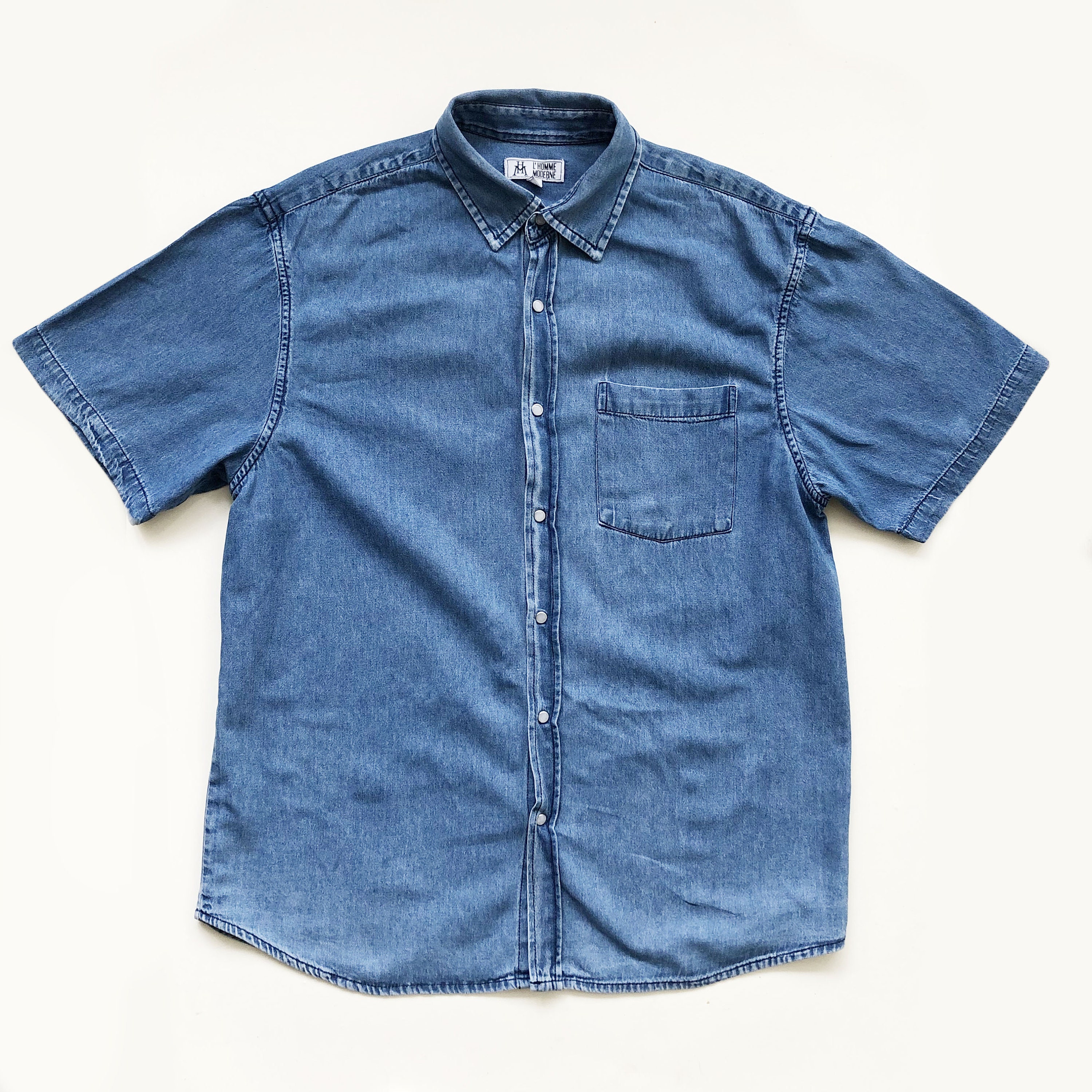 シャツ HUECLOSET Fake Denim Stitch Short Sleeve Shirt Vintage Blue Denim Short Sleeves Shirt - Etsy