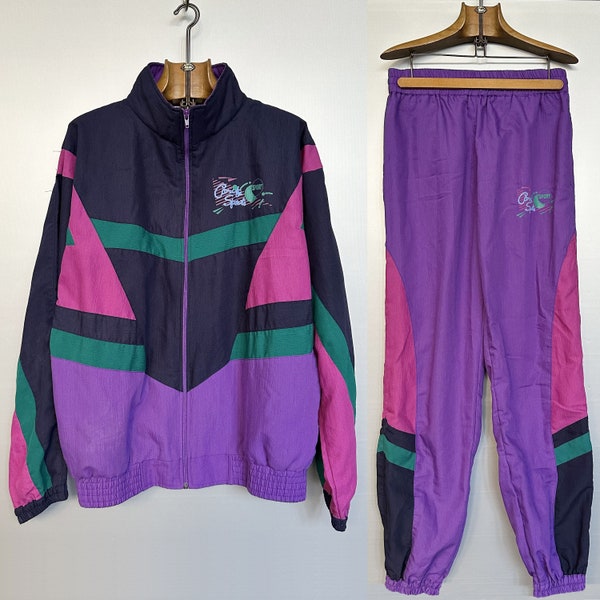 90s Vintage Geometric Tracksuit    -    Colorblock Purple, Black, Pink, Green - Unworn, Loose Fit, Large