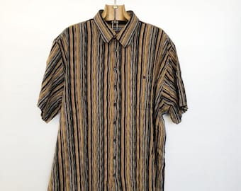 Vintage Pleated Shirt | Black Striped Hand Drawn Lines 90s | Men's Style | 2XL