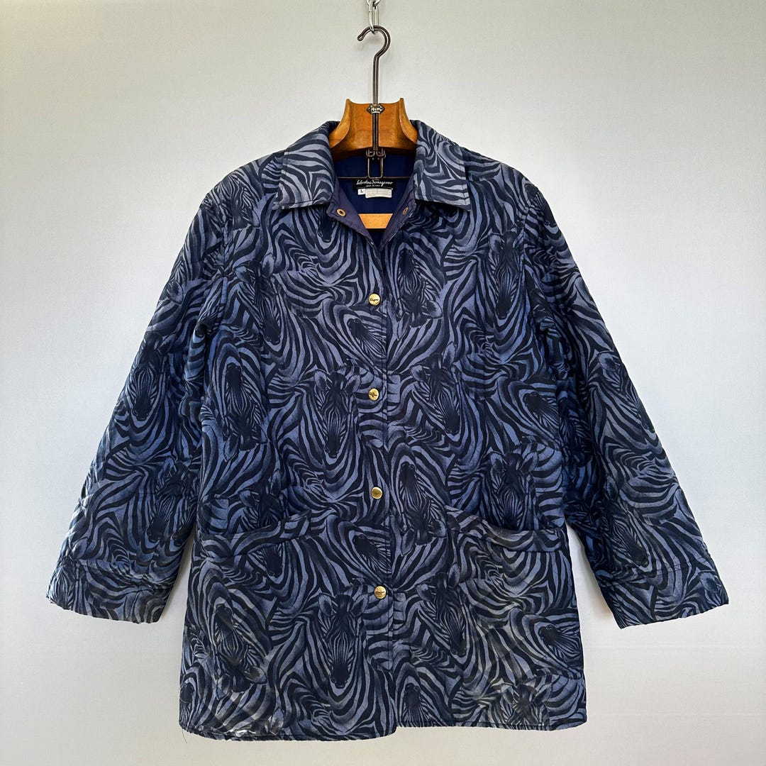 Vintage Padded Jacket | Blue Zebra Print & Gold Details