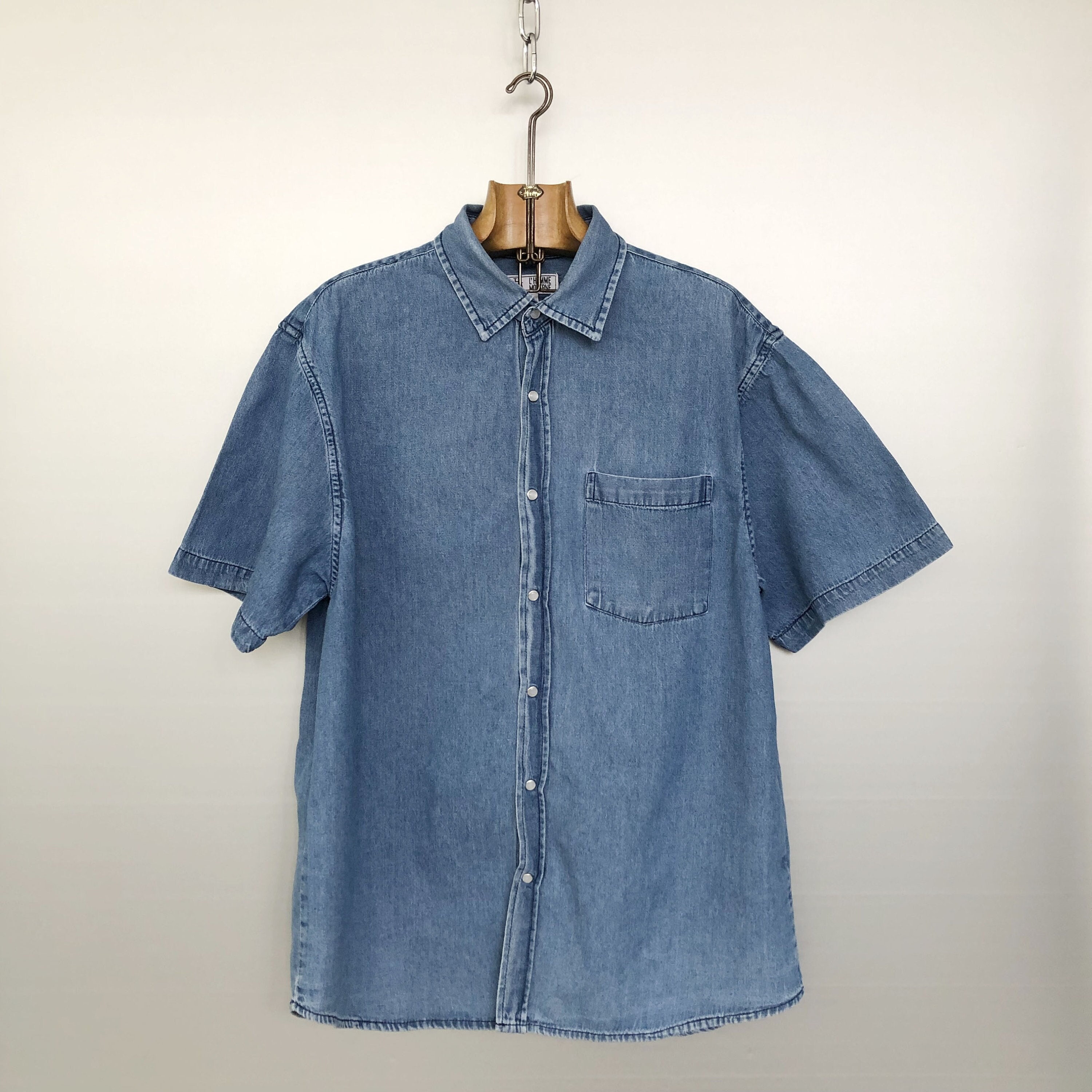 【BAON】[unisex] Ryuhu Vintage Denim Hood Short Sleeve Shirt Amazon.com: Mens Blue Denim Shirts Short Sleeve Button Up
