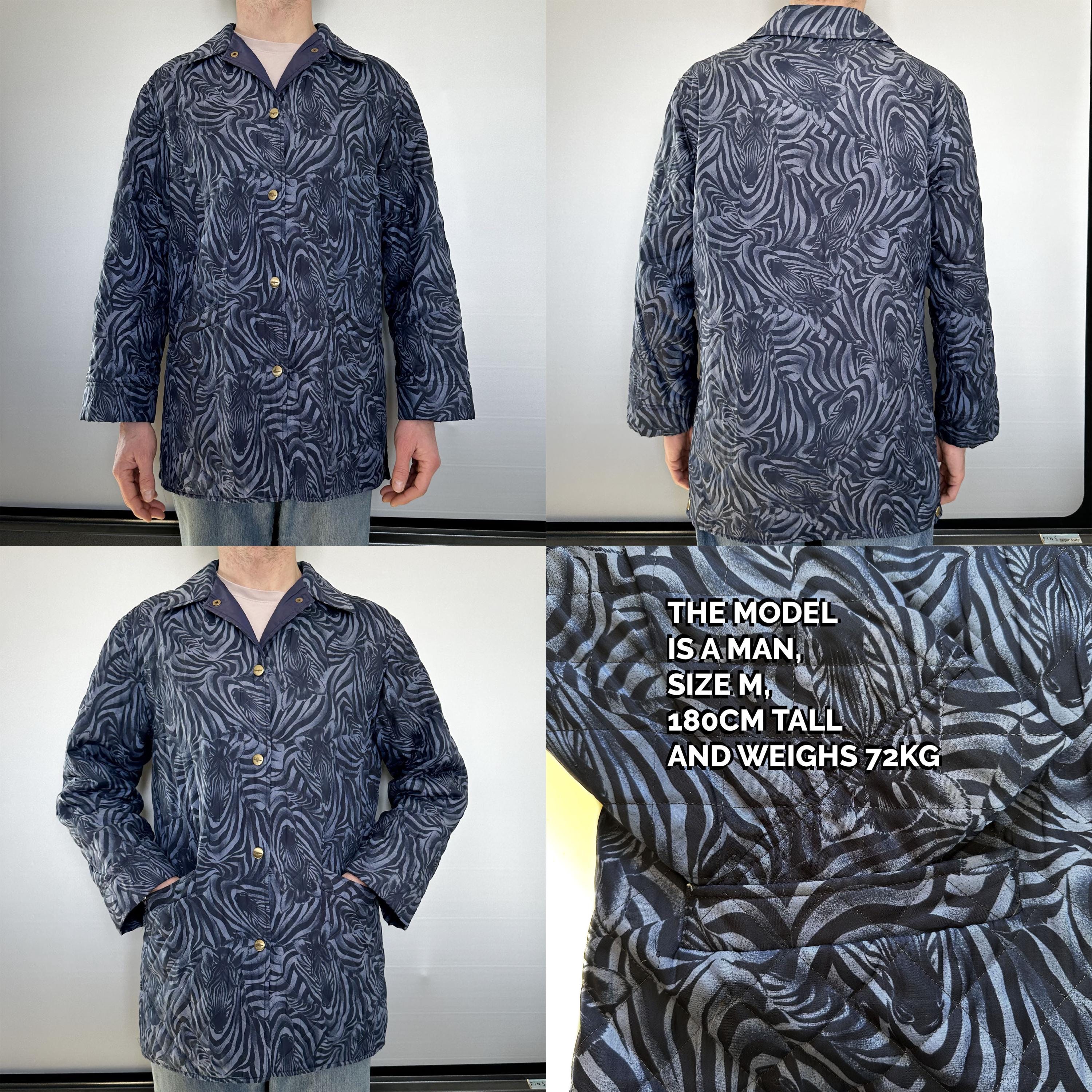 Vintage Padded Jacket | Blue Zebra Print & Gold Details