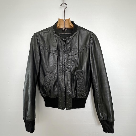 【1970s80sVINTAGE】 LEATHER FLIGHT JACKET Vintage 70s Black Leather Flight Jacket: Ribbed Collar, ECLAIR
