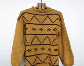 Maglione vintage lavorato a maglia / Motivo geometrico giallo senape / Lana fatta a mano / XS/S