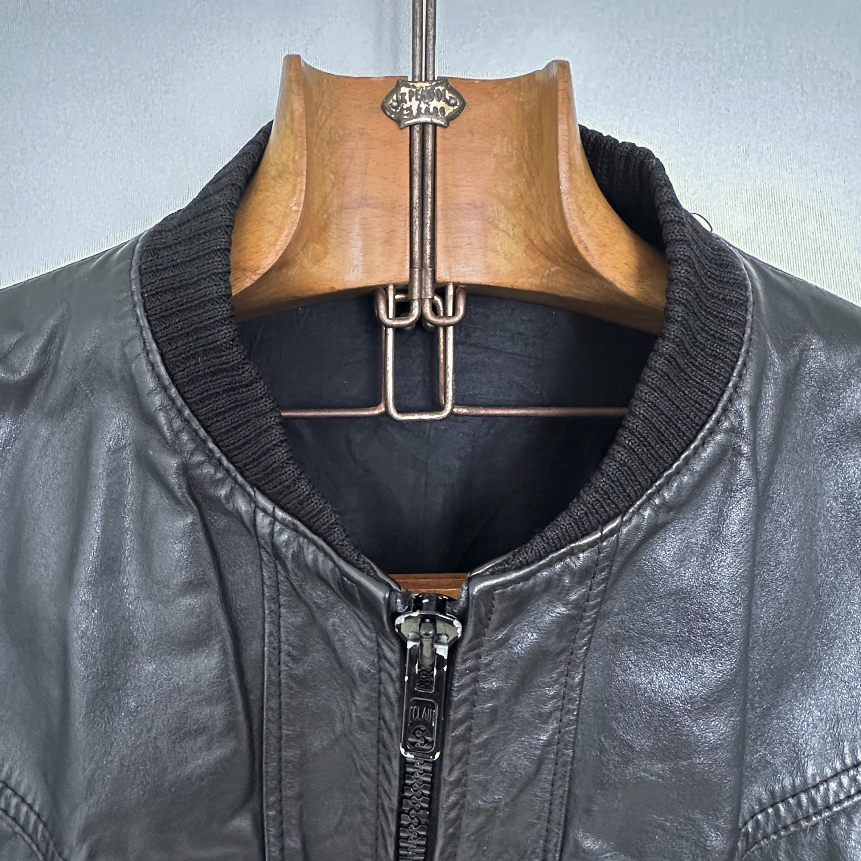 Vintage 70s Black Leather Flight Jacket: Ribbed Collar, ECLAIR