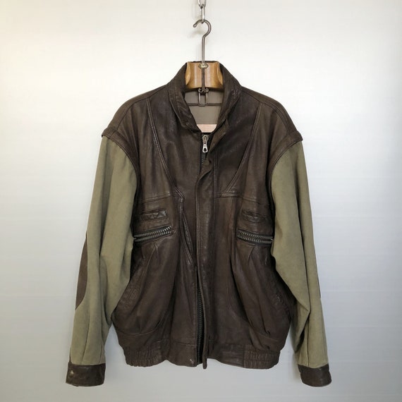 Vintage Leather and Fabric Brown and Khaki Bomber Jacket Etsy