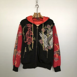 Sudadera con capucha vintage con tatuaje de Christian Audigier: mangas extraíbles, talla M/L