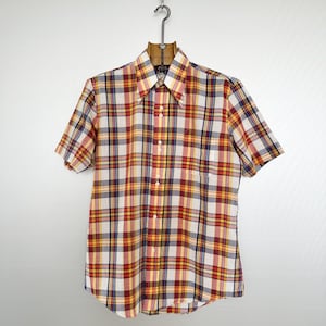 Vintage 70s Plaid Shirt: Double Button Collar, Slim Fit M