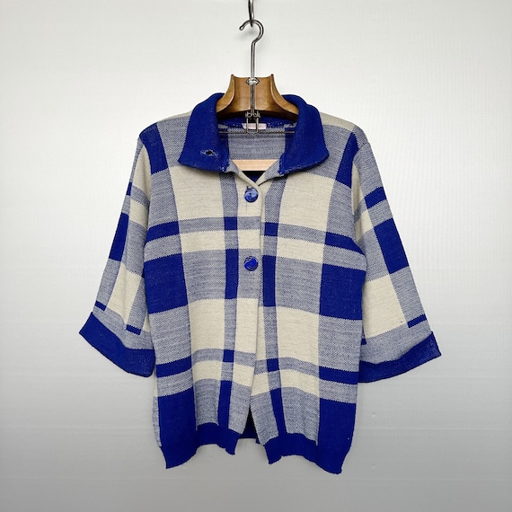 Vintage Geometric Check Cardigan | Ivory Blue 90s Knit | Camaïeu France | M
