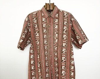 Vintage Hawaiian Shirt | Mahoi Pink Brown Stripes | 80s Cotton Classic | M