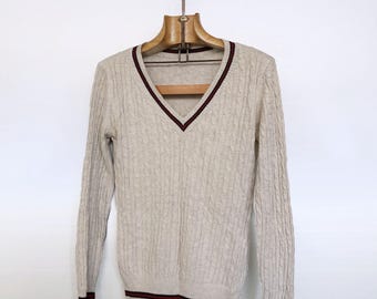 Sweter vintage z warkoczowym splotem | Kość słoniowa, paski, styl country club | Tenis, golf | XS/S