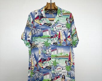 Vintage Fibrana-shirt met kampkraag: El Corte Inglés-strandprint, maat M