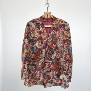 Velvet Tuxedo Jacket | Floral Tapestry Meets Classic Shawl Collar | Handmade Statement Piece | Size XL