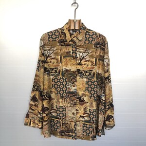 vintage de scène de chasse | BLOUSES SAN REMO France | Imprimé patchwork champêtre | FR40