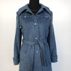 Vintage Blue Hooded Coat | Mohair Wool Tartan Lining | Königsmühle Germany | XS / S