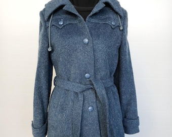 Vintage Blue Hooded Coat | Mohair Wool Tartan Lining | Königsmühle Germany | XS / S