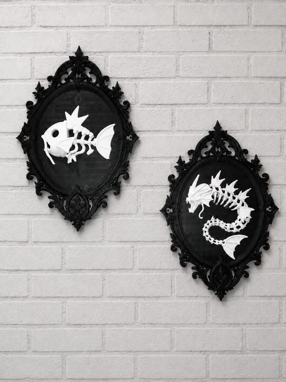 3D Printed Gothic Skeleton Wall Art, Magikarp, Gyarados Inspired Plaque, Oddities Decor, Black Victorian Frame, Dark Gothic Home Decor