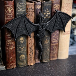 May include: A black dragon figurine with outstretched wings rests against a row of antique books. The books have aged covers in shades of brown, red, and green, with gold lettering and decorative details. The titles include "The Dragon's Tome of Eldoria" and "The Book of Spells."