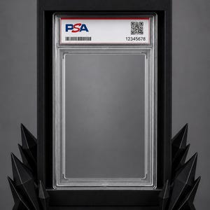 May include: A black display stand featuring a rectangular frame holding a clear PSA-graded card slab. The slab includes a white label with the red PSA logo, a QR code, a barcode, and the number 12345678. The base is adorned with black geometric spikes.