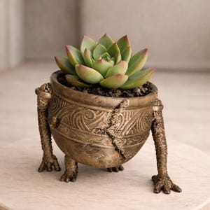 May include: A unique, bronze-colored planter with a cracked design, supported by three stylized legs. The planter holds a green succulent with red-tipped leaves, creating a striking contrast. The pot has an etched pattern. A decorative item for home decor.