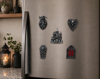 3D Printed Gothic Fridge Magnets  – Skull, Grim Reaper, Stained Glass Window, Coffin, Haunted Castle – Dark Aesthetic Kitchen Decor – Horror