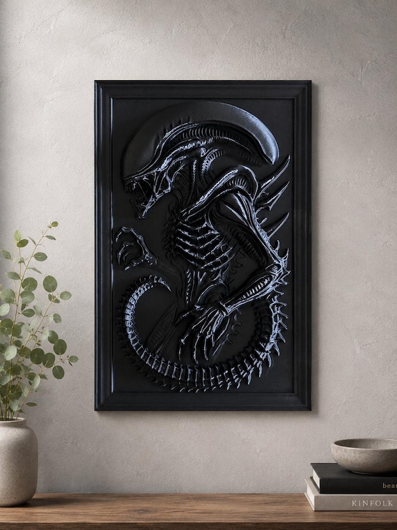 Alien Wall Art Plaque, Black Xenomorph Inspired Gothic Decor, Sci Fi Horror Wall Hanging, 3D Printed Alien Relief
