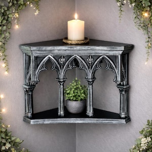 3D Printed Gothic Cathedral Style Two-Tiered Corner Shelf - Hand Painted